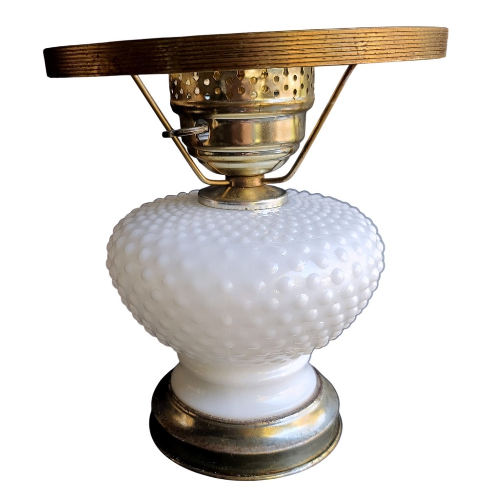 VTG  White Hobnail Milk Glass Hurricane Table Lamp Brass Base Nightlight VIDEO
